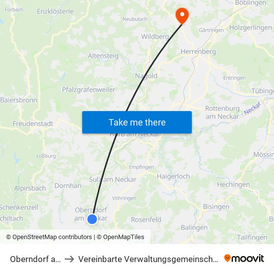 Oberndorf am Neckar to Vereinbarte Verwaltungsgemeinschaft Der Stadt Herrenberg map