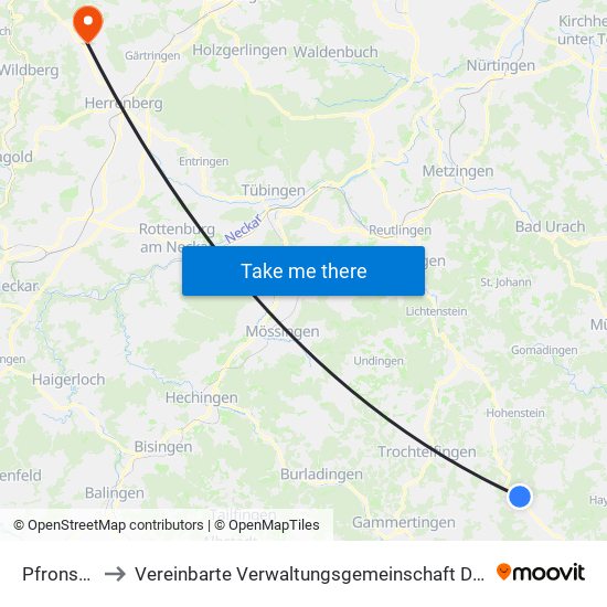 Pfronstetten to Vereinbarte Verwaltungsgemeinschaft Der Stadt Herrenberg map