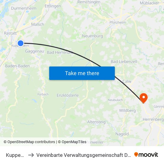 Kuppenheim to Vereinbarte Verwaltungsgemeinschaft Der Stadt Herrenberg map