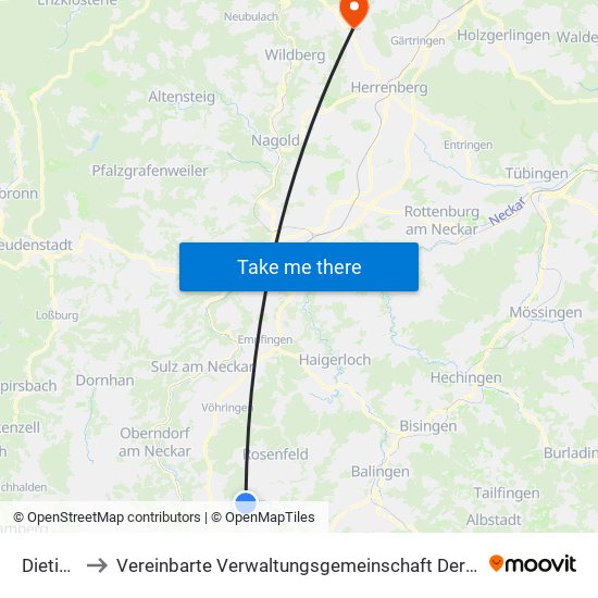 Dietingen to Vereinbarte Verwaltungsgemeinschaft Der Stadt Herrenberg map