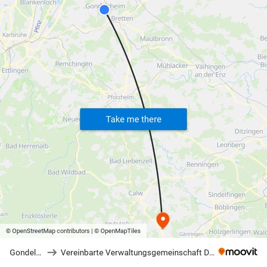 Gondelsheim to Vereinbarte Verwaltungsgemeinschaft Der Stadt Herrenberg map