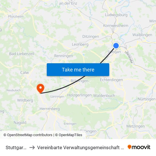 Stuttgart-Nord to Vereinbarte Verwaltungsgemeinschaft Der Stadt Herrenberg map