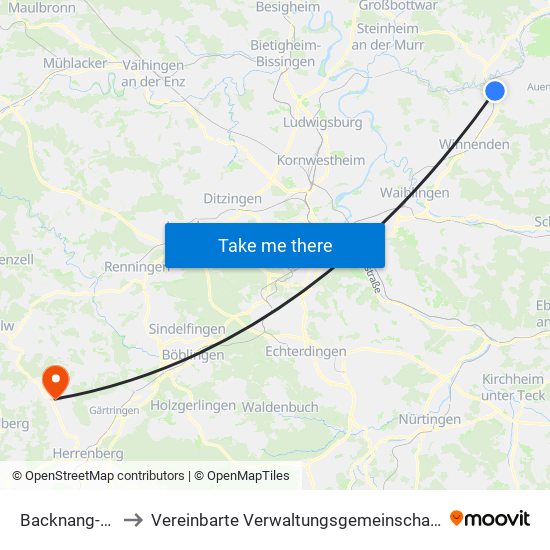 Backnang-Maubach to Vereinbarte Verwaltungsgemeinschaft Der Stadt Herrenberg map