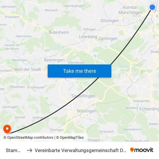 Stammheim to Vereinbarte Verwaltungsgemeinschaft Der Stadt Herrenberg map