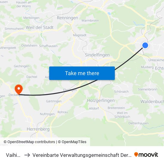 Vaihingen to Vereinbarte Verwaltungsgemeinschaft Der Stadt Herrenberg map