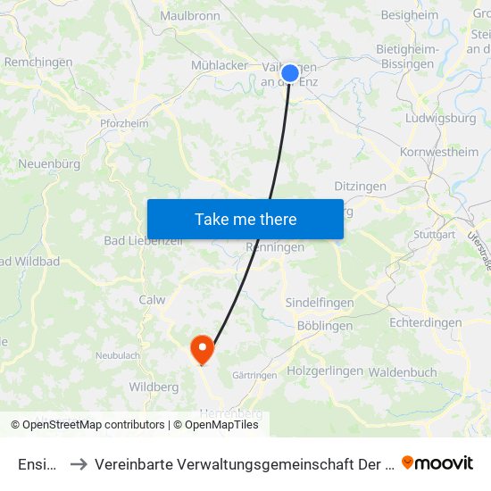 Ensingen to Vereinbarte Verwaltungsgemeinschaft Der Stadt Herrenberg map