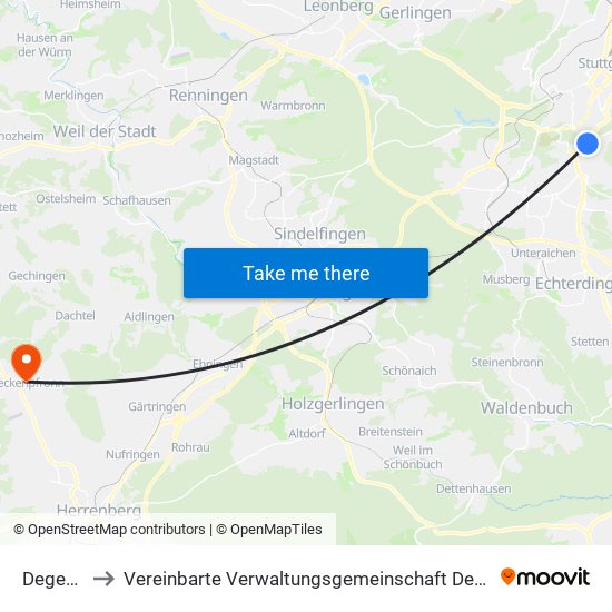 Degerloch to Vereinbarte Verwaltungsgemeinschaft Der Stadt Herrenberg map