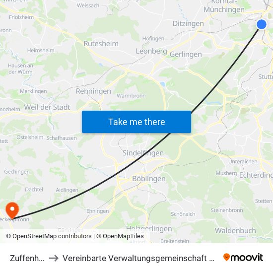 Zuffenhausen to Vereinbarte Verwaltungsgemeinschaft Der Stadt Herrenberg map