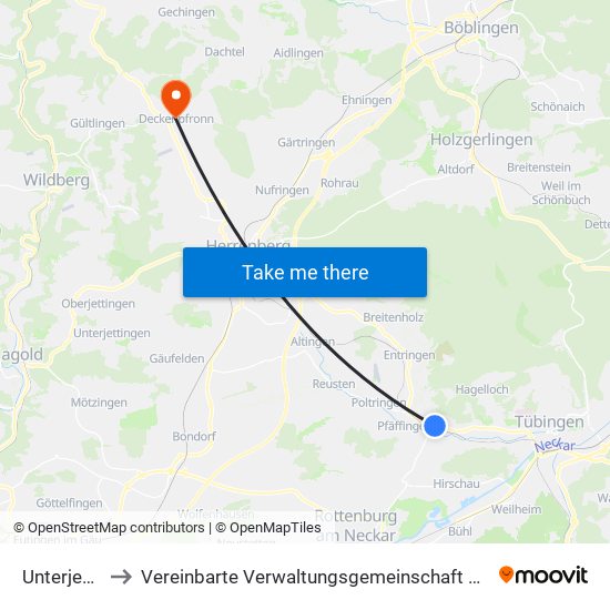 Unterjesingen to Vereinbarte Verwaltungsgemeinschaft Der Stadt Herrenberg map