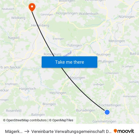 Mägerkingen to Vereinbarte Verwaltungsgemeinschaft Der Stadt Herrenberg map