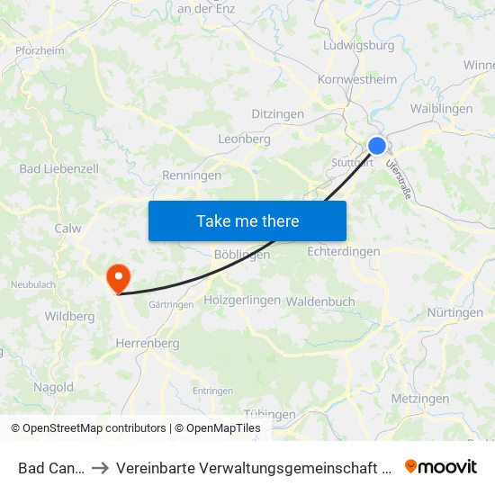 Bad Cannstatt to Vereinbarte Verwaltungsgemeinschaft Der Stadt Herrenberg map