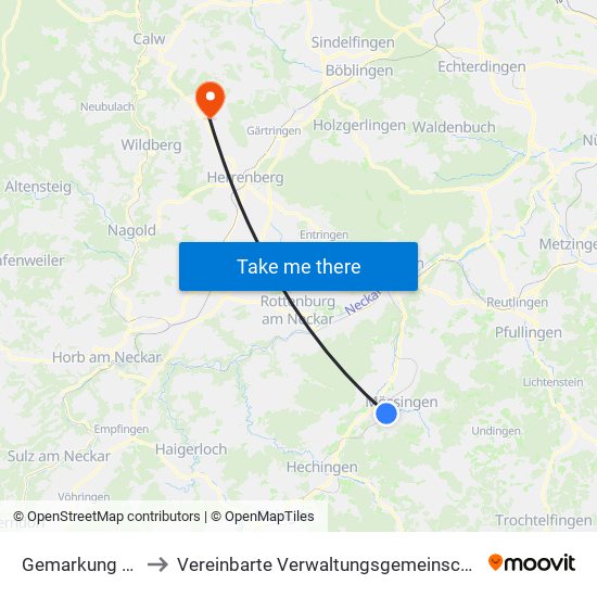 Gemarkung Mössingen to Vereinbarte Verwaltungsgemeinschaft Der Stadt Herrenberg map