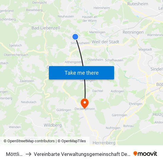Möttlingen to Vereinbarte Verwaltungsgemeinschaft Der Stadt Herrenberg map