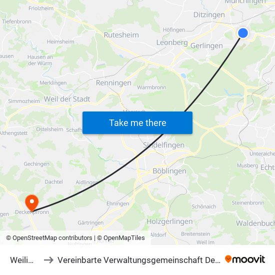 Weilimdorf to Vereinbarte Verwaltungsgemeinschaft Der Stadt Herrenberg map