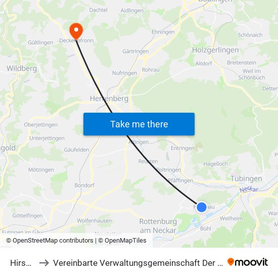 Hirschau to Vereinbarte Verwaltungsgemeinschaft Der Stadt Herrenberg map