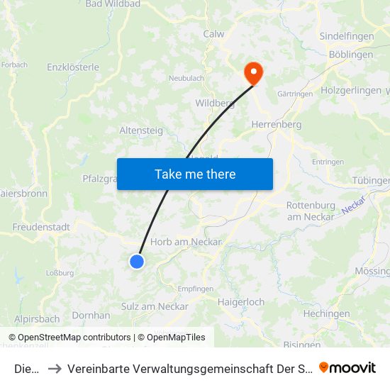 Dießen to Vereinbarte Verwaltungsgemeinschaft Der Stadt Herrenberg map