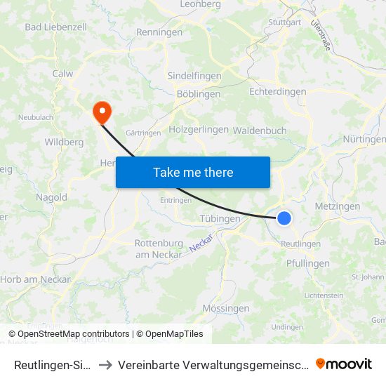 Reutlingen-Sickenhausen to Vereinbarte Verwaltungsgemeinschaft Der Stadt Herrenberg map