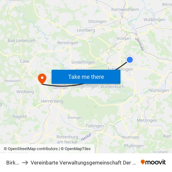 Birkach to Vereinbarte Verwaltungsgemeinschaft Der Stadt Herrenberg map