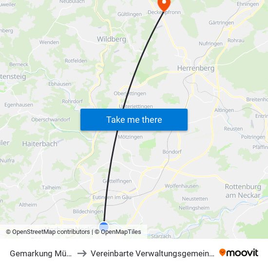 Gemarkung Mühlen am Neckar to Vereinbarte Verwaltungsgemeinschaft Der Stadt Herrenberg map