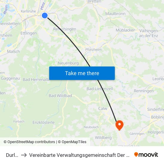 Durlach to Vereinbarte Verwaltungsgemeinschaft Der Stadt Herrenberg map