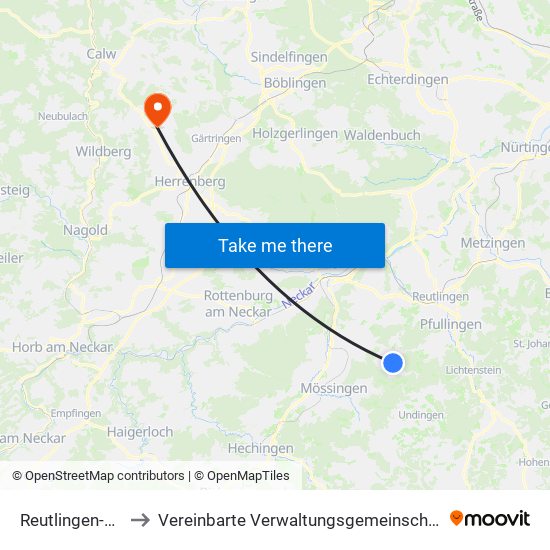 Reutlingen-Gönningen to Vereinbarte Verwaltungsgemeinschaft Der Stadt Herrenberg map