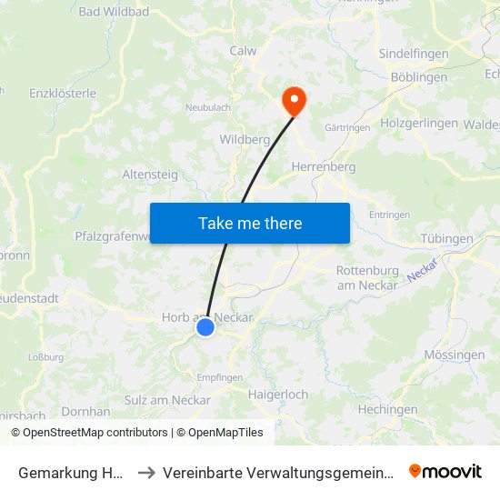 Gemarkung Horb am Neckar to Vereinbarte Verwaltungsgemeinschaft Der Stadt Herrenberg map