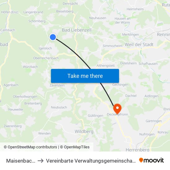 Maisenbach-Zainen to Vereinbarte Verwaltungsgemeinschaft Der Stadt Herrenberg map