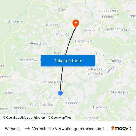 Wiesenstetten to Vereinbarte Verwaltungsgemeinschaft Der Stadt Herrenberg map