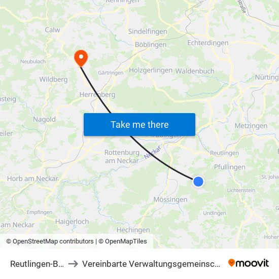 Reutlingen-Bronnweiler to Vereinbarte Verwaltungsgemeinschaft Der Stadt Herrenberg map