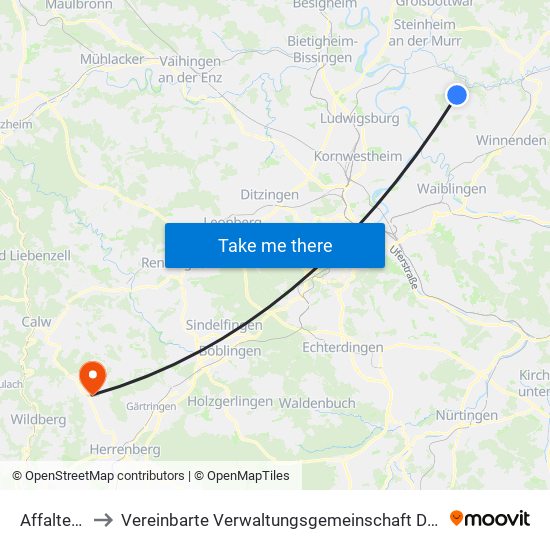 Affalterbach to Vereinbarte Verwaltungsgemeinschaft Der Stadt Herrenberg map
