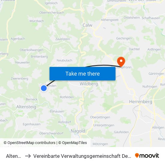 Altensteig to Vereinbarte Verwaltungsgemeinschaft Der Stadt Herrenberg map