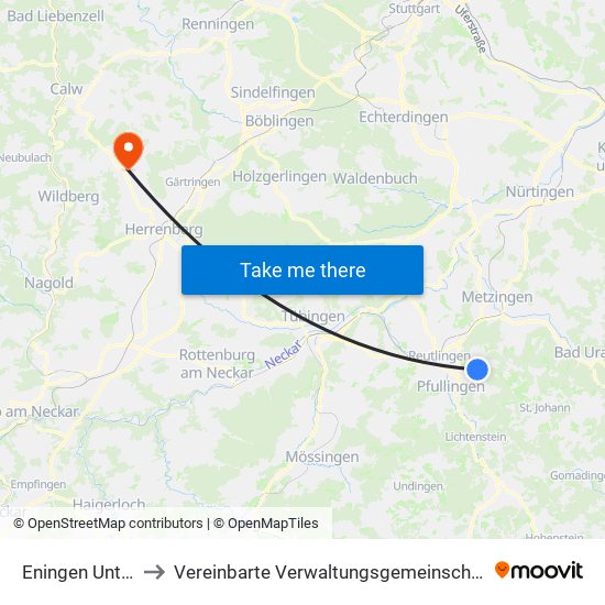 Eningen Unter Achalm to Vereinbarte Verwaltungsgemeinschaft Der Stadt Herrenberg map