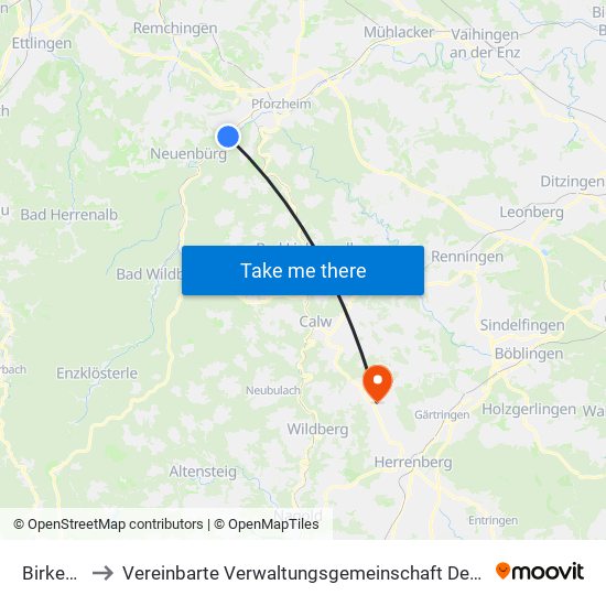 Birkenfeld to Vereinbarte Verwaltungsgemeinschaft Der Stadt Herrenberg map