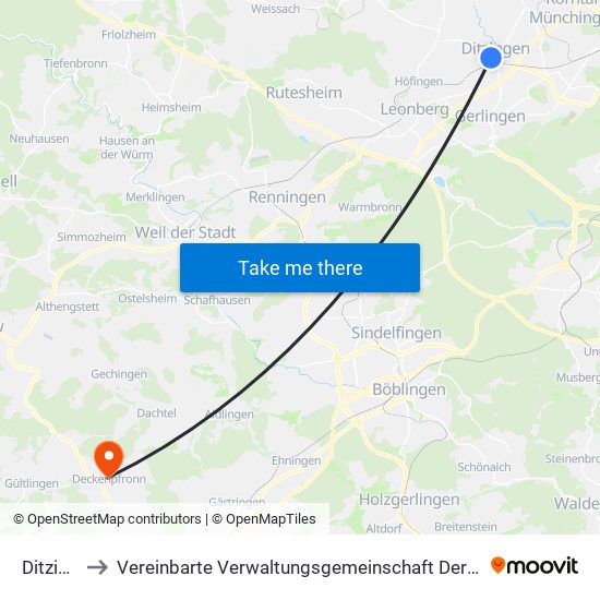 Ditzingen to Vereinbarte Verwaltungsgemeinschaft Der Stadt Herrenberg map