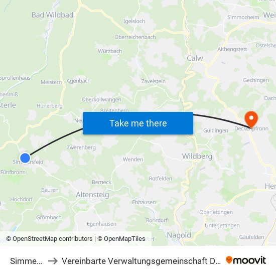 Simmersfeld to Vereinbarte Verwaltungsgemeinschaft Der Stadt Herrenberg map