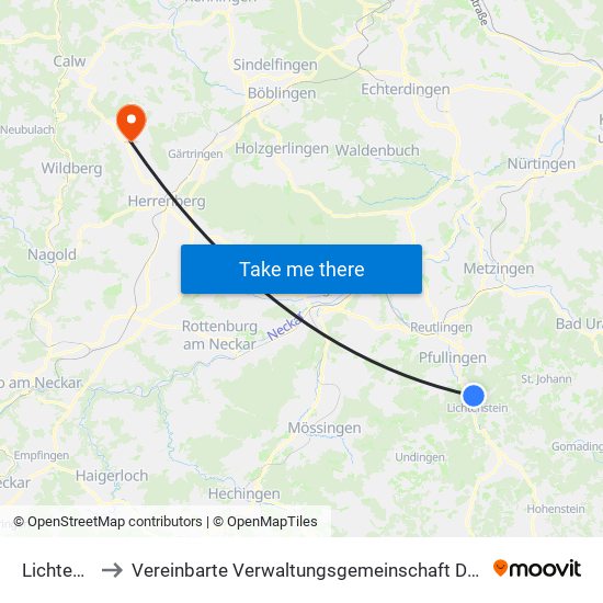 Lichtenstein to Vereinbarte Verwaltungsgemeinschaft Der Stadt Herrenberg map