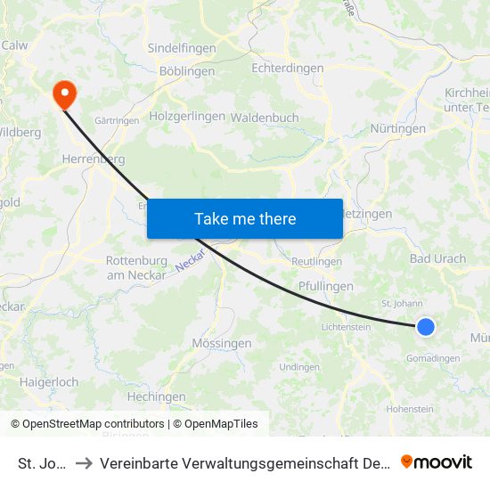 St. Johann to Vereinbarte Verwaltungsgemeinschaft Der Stadt Herrenberg map