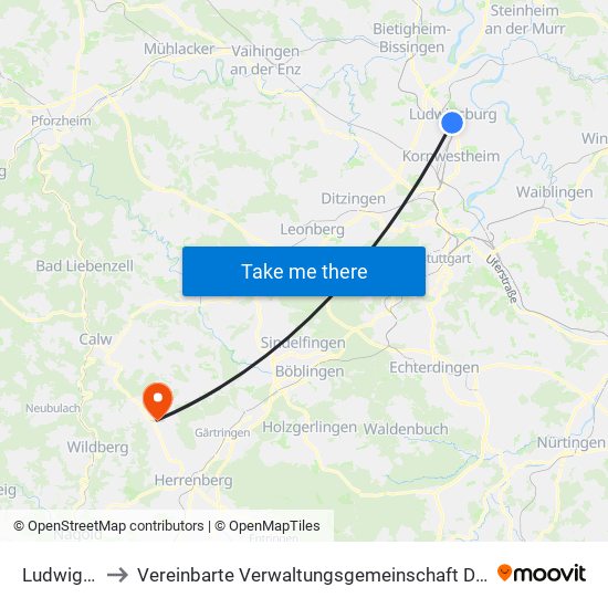 Ludwigsburg to Vereinbarte Verwaltungsgemeinschaft Der Stadt Herrenberg map