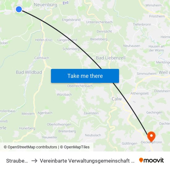Straubenhardt to Vereinbarte Verwaltungsgemeinschaft Der Stadt Herrenberg map