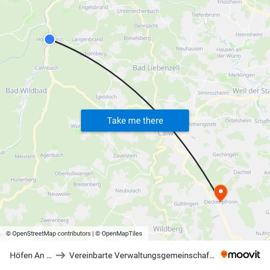 Höfen An Der Enz to Vereinbarte Verwaltungsgemeinschaft Der Stadt Herrenberg map