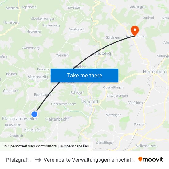 Pfalzgrafenweiler to Vereinbarte Verwaltungsgemeinschaft Der Stadt Herrenberg map