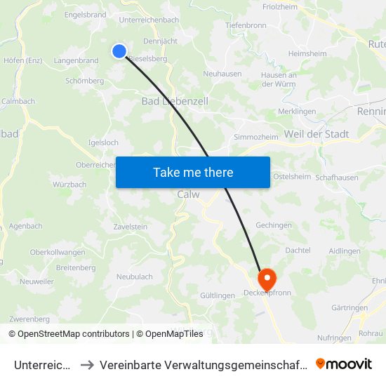 Unterreichenbach to Vereinbarte Verwaltungsgemeinschaft Der Stadt Herrenberg map