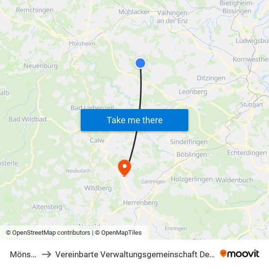 Mönsheim to Vereinbarte Verwaltungsgemeinschaft Der Stadt Herrenberg map
