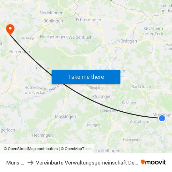 Münsingen to Vereinbarte Verwaltungsgemeinschaft Der Stadt Herrenberg map