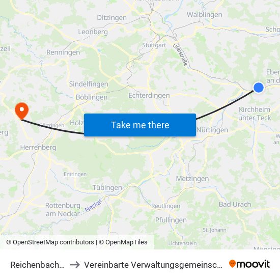 Reichenbach An Der Fils to Vereinbarte Verwaltungsgemeinschaft Der Stadt Herrenberg map