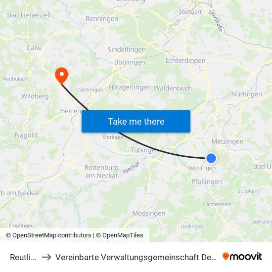 Reutlingen to Vereinbarte Verwaltungsgemeinschaft Der Stadt Herrenberg map