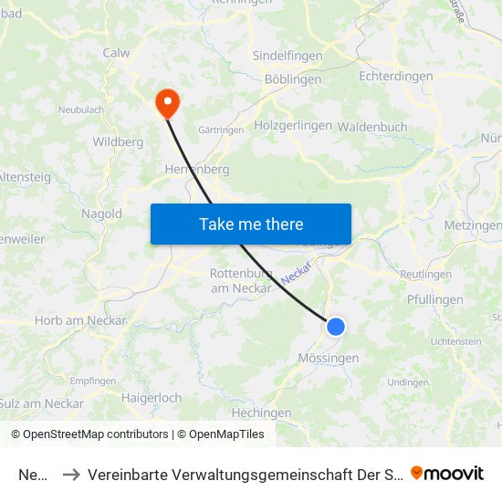 Nehren to Vereinbarte Verwaltungsgemeinschaft Der Stadt Herrenberg map