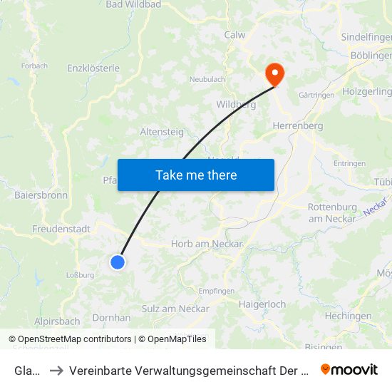 Glatten to Vereinbarte Verwaltungsgemeinschaft Der Stadt Herrenberg map