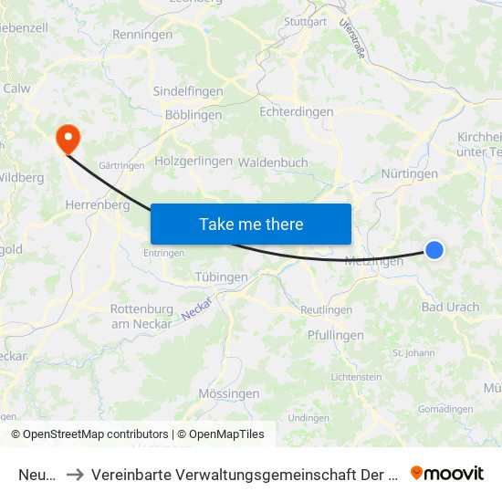 Neuffen to Vereinbarte Verwaltungsgemeinschaft Der Stadt Herrenberg map