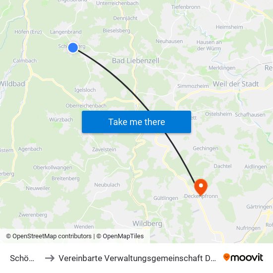 Schömberg to Vereinbarte Verwaltungsgemeinschaft Der Stadt Herrenberg map